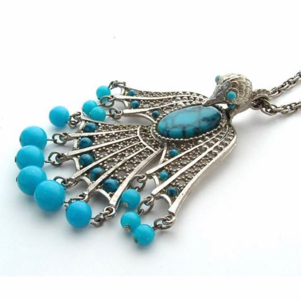 Statement Necklace Vintage Turquoise Phoenix Bird - Picture 7 of 8